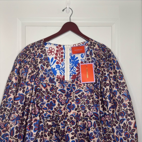 La Double J Dolly Floral Ortica Blue Print Puff Sleeve A Line Dress - Picture 7 of 15